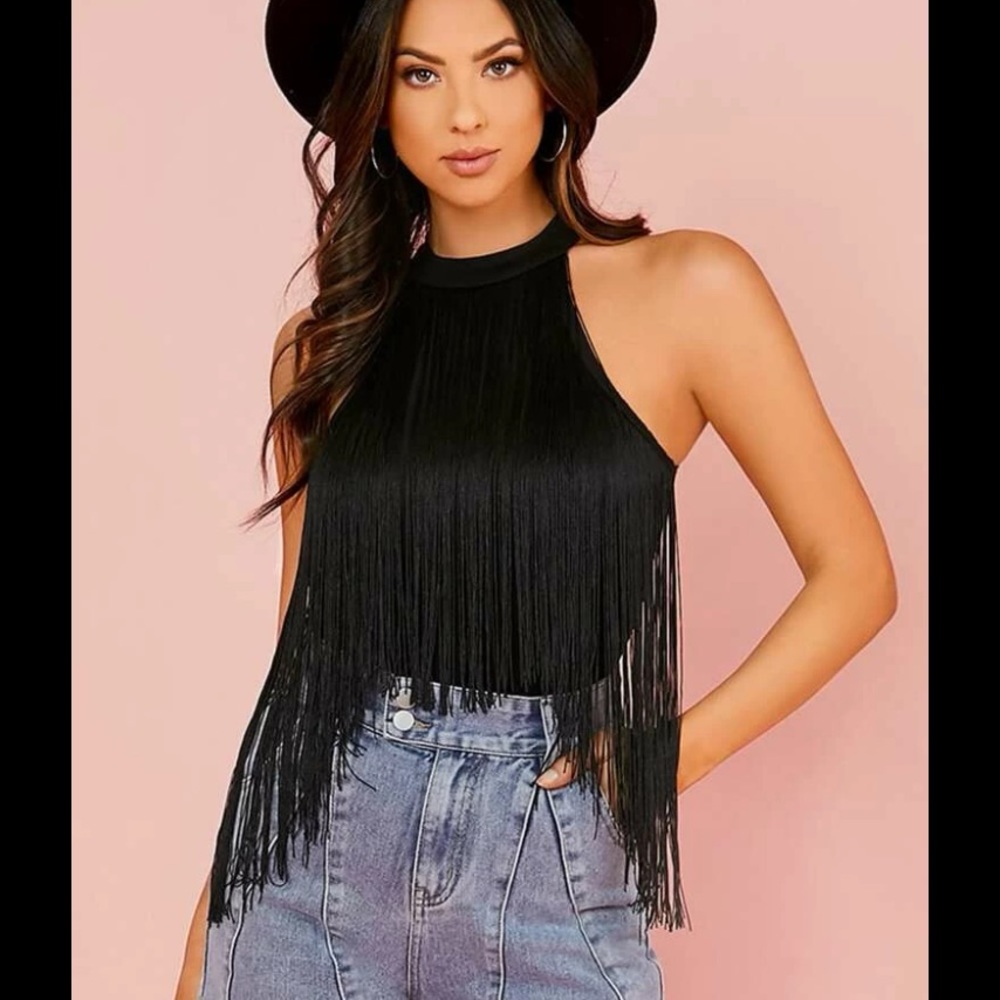 SHEIN Fringe Detail Halter Bodysuit Black